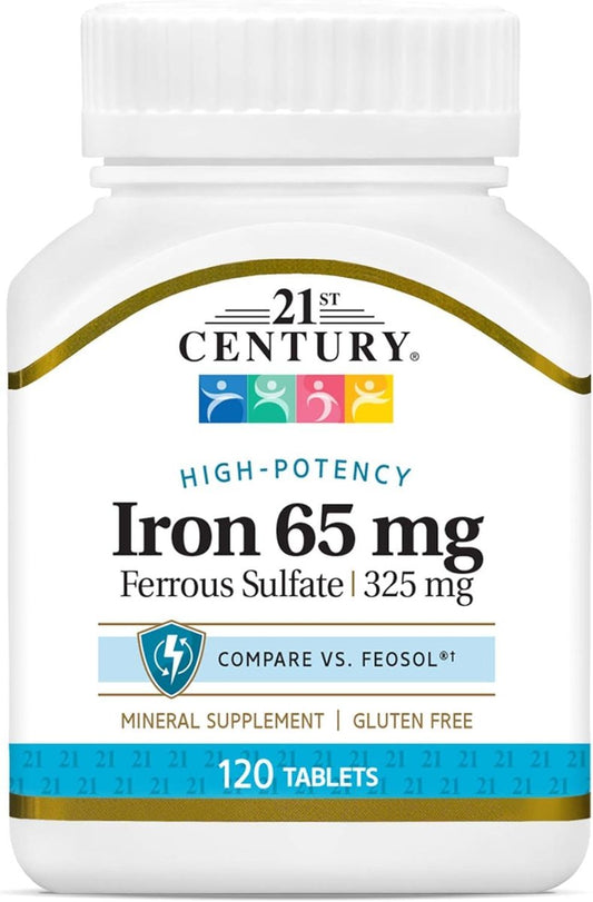 21st Century Slow-Release Eisenpräparat, 120 Tabletten, Hochpotentes veganes Eisen mit 325 mg Eisensulfat, glutenfrei, ohne Hefe oder künstliche Aromen