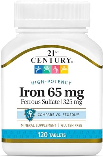 21st Century Slow-Release Eisenpräparat, 120 Tabletten, Hochpotentes veganes Eisen mit 325 mg Eisensulfat, glutenfrei, ohne Hefe oder künstliche Aromen