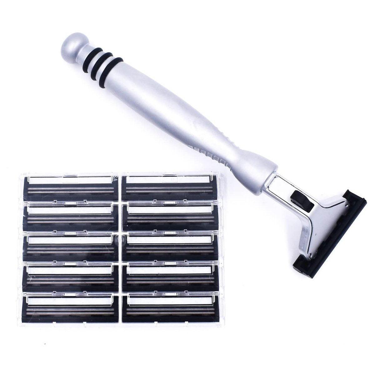 Taconic All-Metal Heavyweight Chrome Rasierer – Kompatibel mit Gillette® Atra, inkl. 10 Pivot Plus Personna Klingen, ergonomischer Griff, langlebiges Design