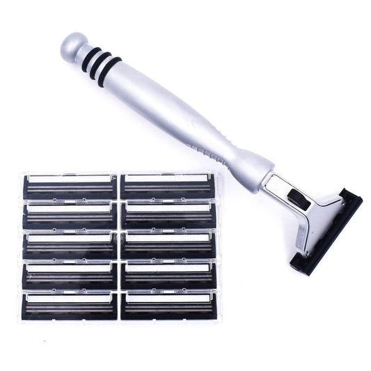 Taconic All-Metal Heavyweight Chrome Rasierer – Kompatibel mit Gillette® Atra, inkl. 10 Pivot Plus Personna Klingen, ergonomischer Griff, langlebiges Design
