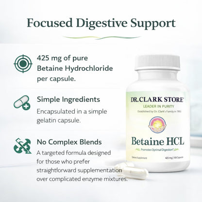 Dr. Clark Betain HCL Verdauungsenzyme – Sodbrennen-Medizin, Salzsäure-Protein-Ergänzung, Optimale Verdauungsformel, 100 Gelatinekapseln, 425 mg