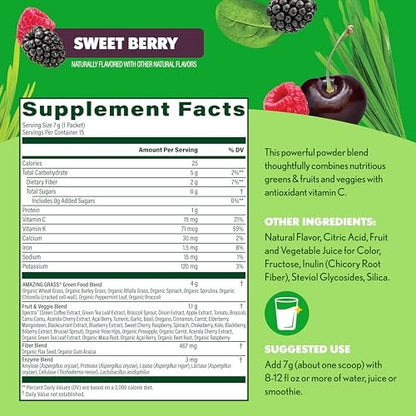Amazing Grass Super Greens Pulver Antioxidant Stick Packs - Grüne Mischung mit Spirulina, Rote Bete, Holunderbeere, Präbiotika & Probiotika, süße Beere, 15 Portionen, 3,7 Unzen