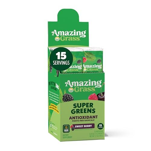 Amazing Grass Super Greens Pulver Antioxidant Stick Packs - Grüne Mischung mit Spirulina, Rote Bete, Holunderbeere, Präbiotika & Probiotika, süße Beere, 15 Portionen, 3,7 Unzen