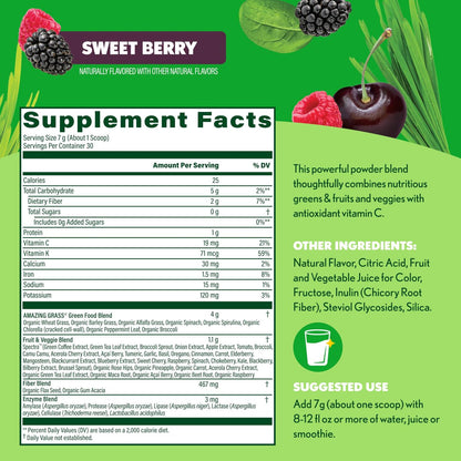 Amazing Grass Super Greens Pulver mit Antioxidantien, Bio-Grünzeugmischung Superfood, Smoothie-Mix mit Vitamin C und Vitamin K, Sweet Berry, 30 Portionen, 7,4 Unzen (Verpackung kann variieren)