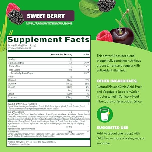 Amazing Grass Super Greens Pulver mit Antioxidantien, Bio-Grünzeugmischung Superfood, Smoothie-Mix mit Vitamin C und Vitamin K, Sweet Berry, 30 Portionen, 7,4 Unzen (Verpackung kann variieren)