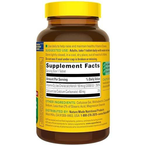 Nature Made Vitamin D3 2000 IE (50 µg) – 220 Tabletten, Nahrungsergänzungsmittel für Knochen, Zähne, Muskeln und Immunsystem