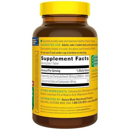 Nature Made Vitamin D3 2000 IE (50 µg) – 220 Tabletten, Nahrungsergänzungsmittel für Knochen, Zähne, Muskeln und Immunsystem