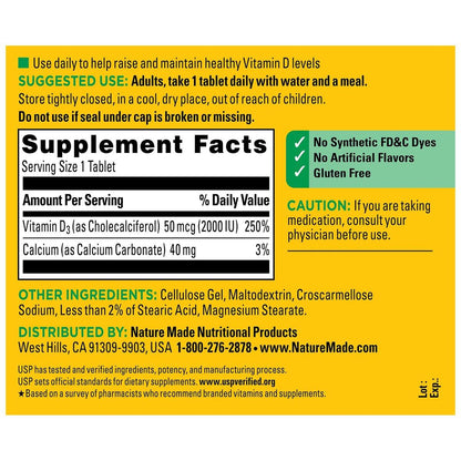 Nature Made Vitamin D3 2000 IE (50 µg) – 220 Tabletten, Nahrungsergänzungsmittel für Knochen, Zähne, Muskeln und Immunsystem