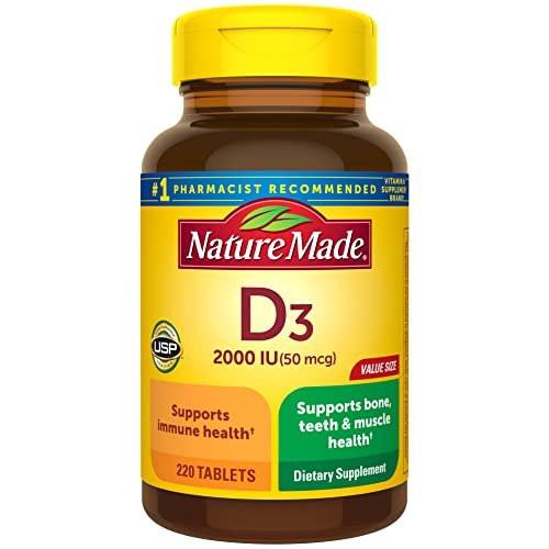 Nature Made Vitamin D3 2000 IE (50 µg) – 220 Tabletten, Nahrungsergänzungsmittel für Knochen, Zähne, Muskeln und Immunsystem