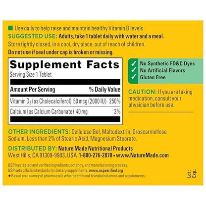 Nature Made Vitamin D3 2000 IE (50 µg) – 220 Tabletten, Nahrungsergänzungsmittel für Knochen, Zähne, Muskeln und Immunsystem