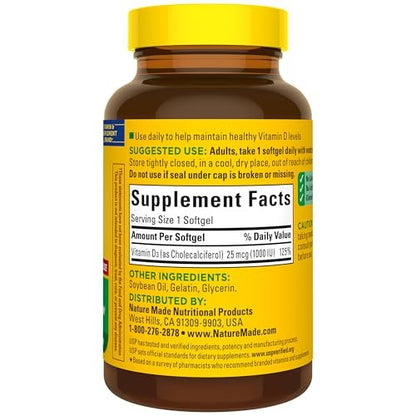 Nature Made Vitamin D3 10000 IE (250 mcg) Maximale Stärke – Nahrungsergänzungsmittel für Knochen- und Immununterstützung, 60 Weichkapseln, 60-Tage-Vorrat