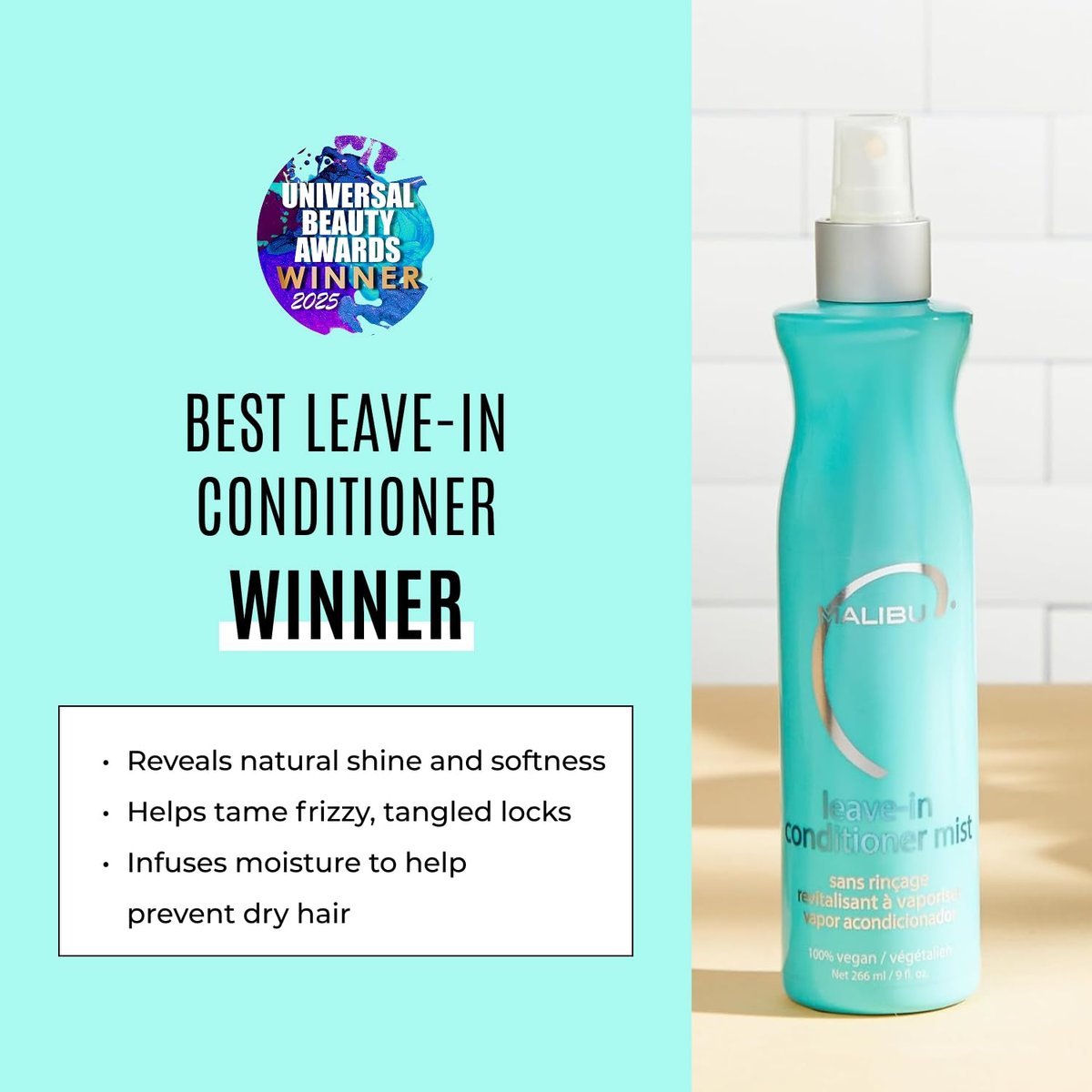 Malibu C Leave-In Conditioner & Feuchtigkeitsspendender Hitzeschutz für das Haar – Erwachsene & Kinder Haarentwirrungsspray für tägliche & Nach-Schwimmen Anwendung, hilft Farbverblassen zu verhindern mit UV-Schutz (270 ml)