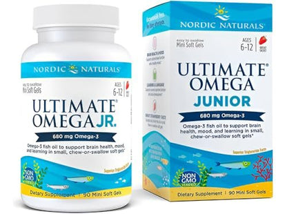 Nordic Naturals Ultimate Omega Junior, Erdbeere - 90 Mini-Weichkapseln - 680 mg Omega-3 mit EPA & DHA - Für Gehirn, Stimmung, Lernen - Nicht-GVO - 45 Portionen