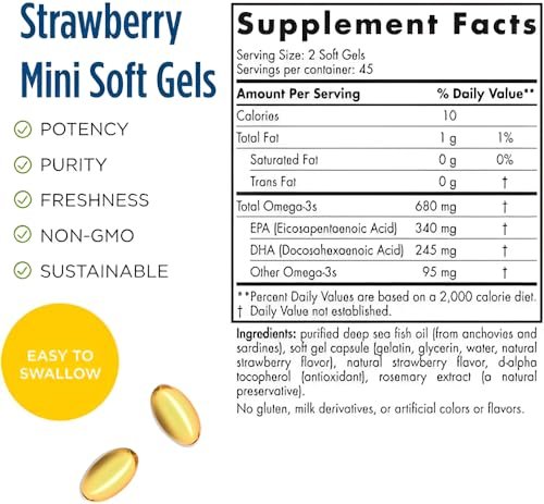Nordic Naturals Ultimate Omega Junior, Erdbeere - 90 Mini-Weichkapseln - 680 mg Omega-3 mit EPA & DHA - Für Gehirn, Stimmung, Lernen - Nicht-GVO - 45 Portionen