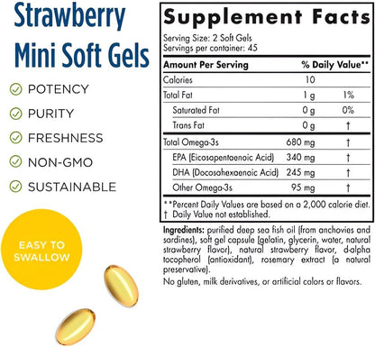Nordic Naturals Ultimate Omega Junior, Erdbeere - 90 Mini-Weichkapseln - 680 mg Omega-3 mit EPA & DHA - Für Gehirn, Stimmung, Lernen - Nicht-GVO - 45 Portionen