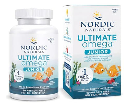 Nordic Naturals Ultimate Omega Junior, Erdbeere - 90 Mini-Weichkapseln - 680 mg Omega-3 mit EPA & DHA - Für Gehirn, Stimmung, Lernen - Nicht-GVO - 45 Portionen