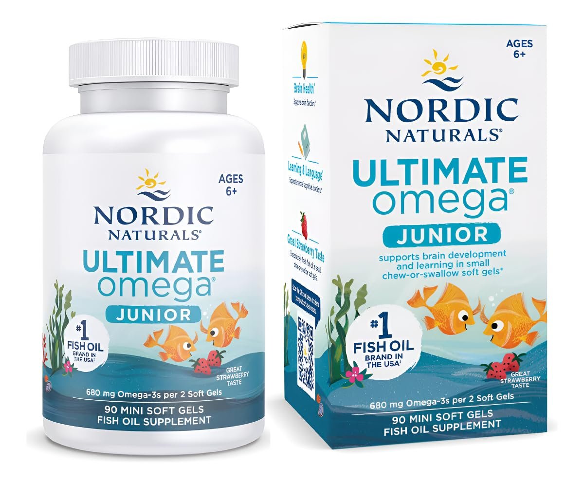 Nordic Naturals Ultimate Omega Junior, Erdbeere - 90 Mini-Weichkapseln - 680 mg Omega-3 mit EPA & DHA - Für Gehirn, Stimmung, Lernen - Nicht-GVO - 45 Portionen