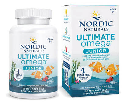 Nordic Naturals Ultimate Omega Junior, Erdbeere - 90 Mini-Weichkapseln - 680 mg Omega-3 mit EPA & DHA - Für Gehirn, Stimmung, Lernen - Nicht-GVO - 45 Portionen