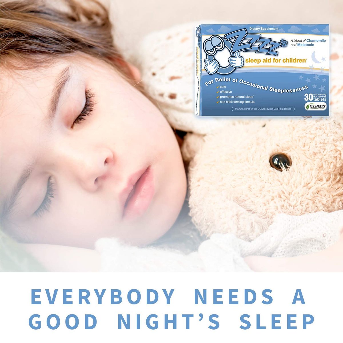 OZzzz's Einschlafhilfe für Kinder mit Melatonin und Kamille, von Kinderärzten entwickelt, zuckerfrei, vegan, Orangen-Dream-Geschmack, 30 EZ-Schmelztabletten