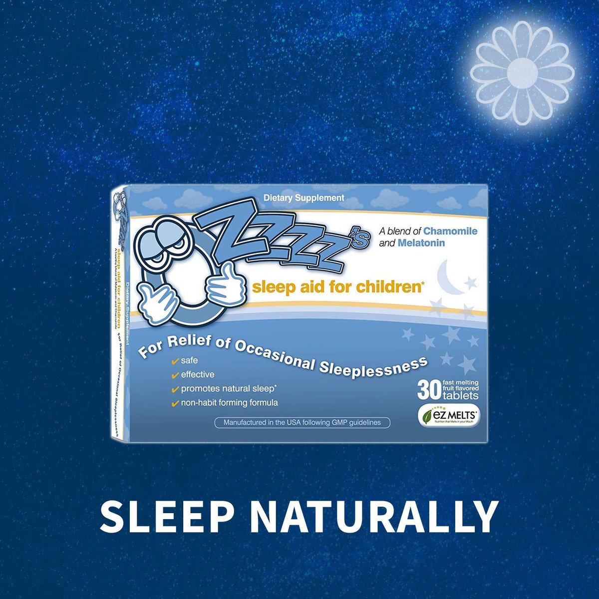 OZzzz's Einschlafhilfe für Kinder mit Melatonin und Kamille, von Kinderärzten entwickelt, zuckerfrei, vegan, Orangen-Dream-Geschmack, 30 EZ-Schmelztabletten