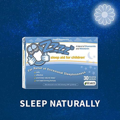 OZzzz's Einschlafhilfe für Kinder mit Melatonin und Kamille, von Kinderärzten entwickelt, zuckerfrei, vegan, Orangen-Dream-Geschmack, 30 EZ-Schmelztabletten
