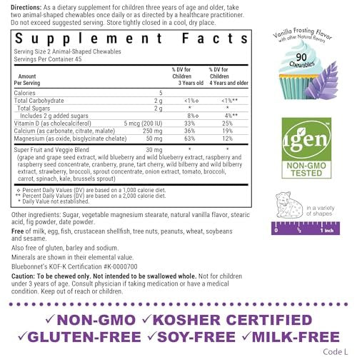 BlueBonnet Super Earth Rainforest Animalz Calcium Magnesium und Vitamin D3 Kautabletten, Natürlicher Vanille-Frosting-Geschmack, 90 Stück