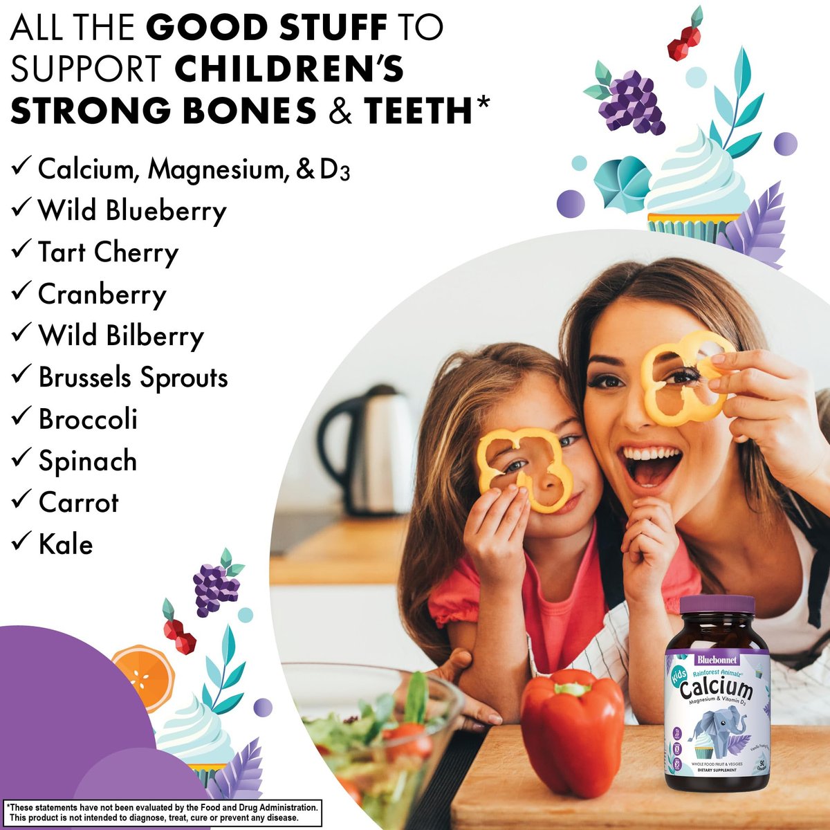 BlueBonnet Super Earth Rainforest Animalz Calcium Magnesium und Vitamin D3 Kautabletten, Natürlicher Vanille-Frosting-Geschmack, 90 Stück