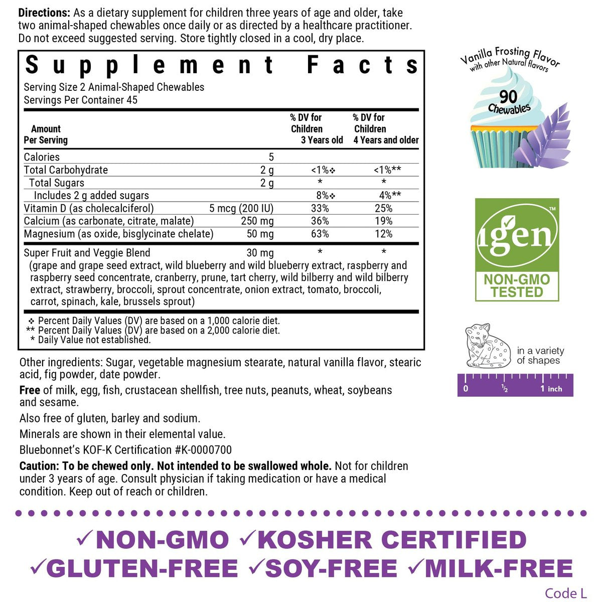 BlueBonnet Super Earth Rainforest Animalz Calcium Magnesium und Vitamin D3 Kautabletten, Natürlicher Vanille-Frosting-Geschmack, 90 Stück