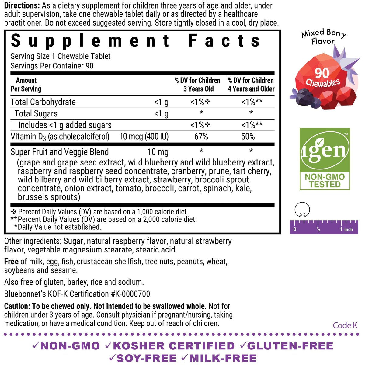Bluebonnet Nutrition Rainforest Animalz Vitamin D3 400 IE Kautabletten, Soja-, Milch- & Glutenfrei, Nicht-GVO, Koscher zertifiziert, Vegetarierfreundlich, Natürlicher Beerenmix-Geschmack, 90 Stück