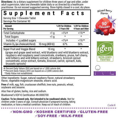 Bluebonnet Nutrition Rainforest Animalz Vitamin D3 400 IE Kautabletten, Soja-, Milch- & Glutenfrei, Nicht-GVO, Koscher zertifiziert, Vegetarierfreundlich, Natürlicher Beerenmix-Geschmack, 90 Stück