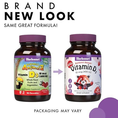Bluebonnet Nutrition Rainforest Animalz Vitamin D3 400 IE Kautabletten, Soja-, Milch- & Glutenfrei, Nicht-GVO, Koscher zertifiziert, Vegetarierfreundlich, Natürlicher Beerenmix-Geschmack, 90 Stück