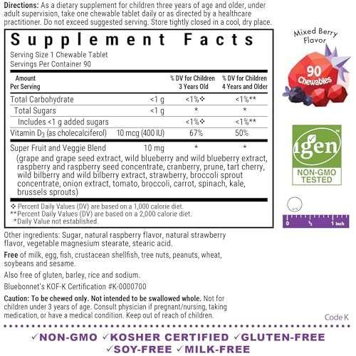 Bluebonnet Nutrition Rainforest Animalz Vitamin D3 400 IE Kautabletten, Soja-, Milch- & Glutenfrei, Nicht-GVO, Koscher zertifiziert, Vegetarierfreundlich, Natürlicher Beerenmix-Geschmack, 90 Stück