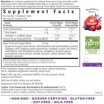 Bluebonnet Nutrition Rainforest Animalz Vitamin D3 400 IE Kautabletten, Soja-, Milch- & Glutenfrei, Nicht-GVO, Koscher zertifiziert, Vegetarierfreundlich, Natürlicher Beerenmix-Geschmack, 90 Stück