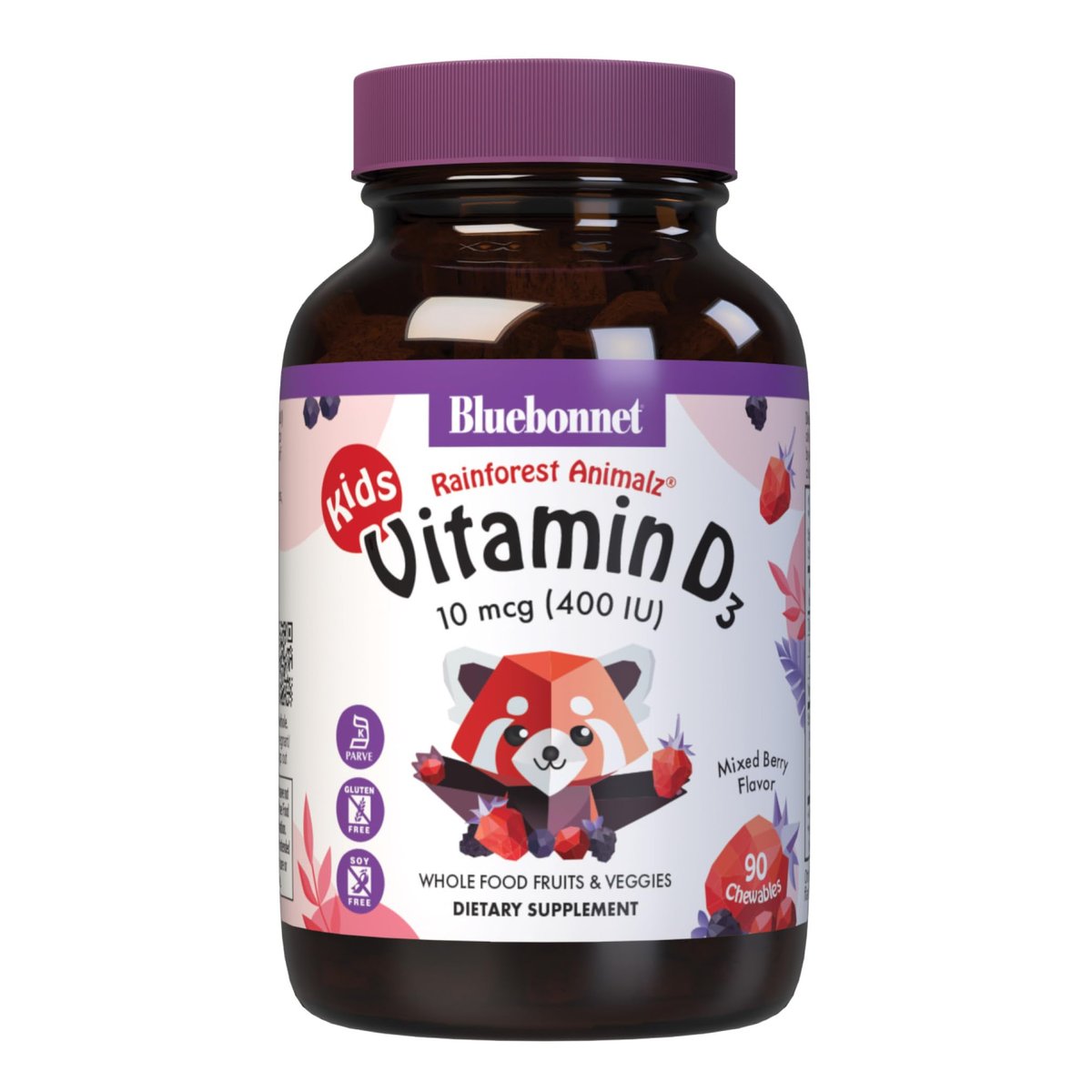 Bluebonnet Nutrition Rainforest Animalz Vitamin D3 400 IE Kautabletten, Soja-, Milch- & Glutenfrei, Nicht-GVO, Koscher zertifiziert, Vegetarierfreundlich, Natürlicher Beerenmix-Geschmack, 90 Stück