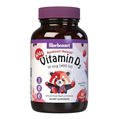 Bluebonnet Nutrition Rainforest Animalz Vitamin D3 400 IE Kautabletten, Soja-, Milch- & Glutenfrei, Nicht-GVO, Koscher zertifiziert, Vegetarierfreundlich, Natürlicher Beerenmix-Geschmack, 90 Stück