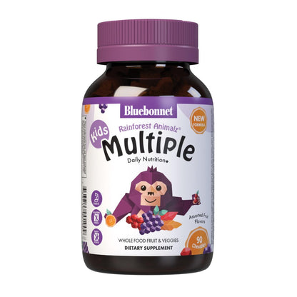 Bluebonnet Nutrition Rainforest Animalz Kautabletten für Kinder – Mehrfach-Vitamine & Mineralstoffe mit Vitamin C, D3, Eisen – Glutenfrei, Milchfrei, Koscher – 90 Kautabletten, gemischte Aromen