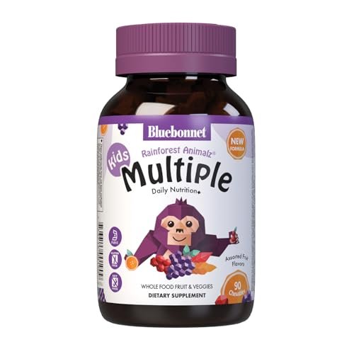 Bluebonnet Nutrition Rainforest Animalz Kautabletten für Kinder – Mehrfach-Vitamine & Mineralstoffe mit Vitamin C, D3, Eisen – Glutenfrei, Milchfrei, Koscher – 90 Kautabletten, gemischte Aromen
