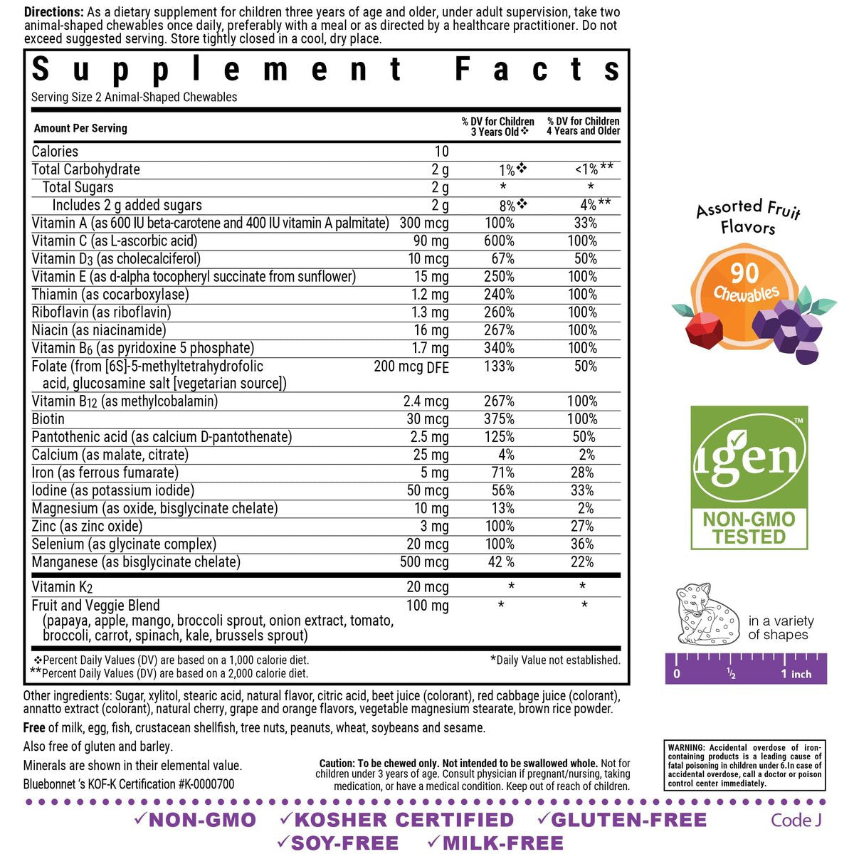 Bluebonnet Nutrition Rainforest Animalz Kautabletten für Kinder – Mehrfach-Vitamine & Mineralstoffe mit Vitamin C, D3, Eisen – Glutenfrei, Milchfrei, Koscher – 90 Kautabletten, gemischte Aromen