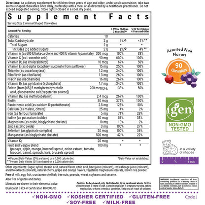 Bluebonnet Nutrition Rainforest Animalz Kautabletten für Kinder – Mehrfach-Vitamine & Mineralstoffe mit Vitamin C, D3, Eisen – Glutenfrei, Milchfrei, Koscher – 90 Kautabletten, gemischte Aromen