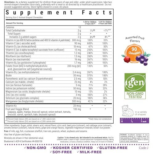 Bluebonnet Nutrition Rainforest Animalz Kautabletten für Kinder – Mehrfach-Vitamine & Mineralstoffe mit Vitamin C, D3, Eisen – Glutenfrei, Milchfrei, Koscher – 90 Kautabletten, gemischte Aromen