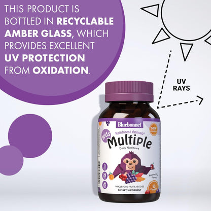 Bluebonnet Nutrition Rainforest Animalz Kautabletten für Kinder – Mehrfach-Vitamine & Mineralstoffe mit Vitamin C, D3, Eisen – Glutenfrei, Milchfrei, Koscher – 90 Kautabletten, gemischte Aromen