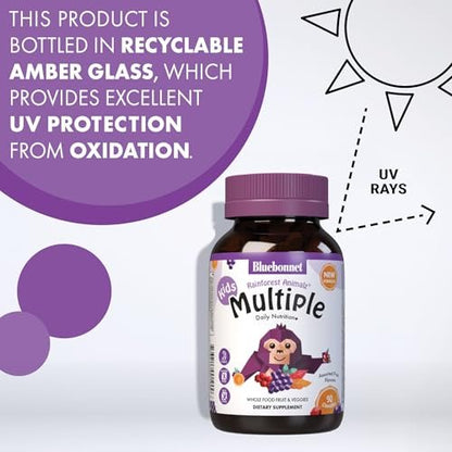 Bluebonnet Nutrition Rainforest Animalz Kautabletten für Kinder – Mehrfach-Vitamine & Mineralstoffe mit Vitamin C, D3, Eisen – Glutenfrei, Milchfrei, Koscher – 90 Kautabletten, gemischte Aromen