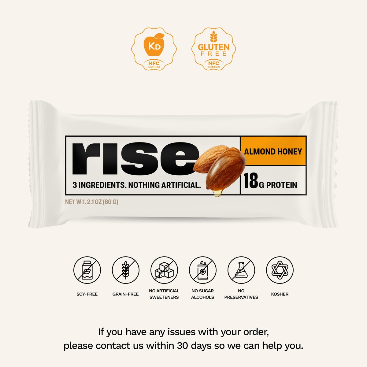 Rise Breakfast Whey Protein Riegel Almond Honey – 18 g Protein, 2,01 oz (12er Pack)