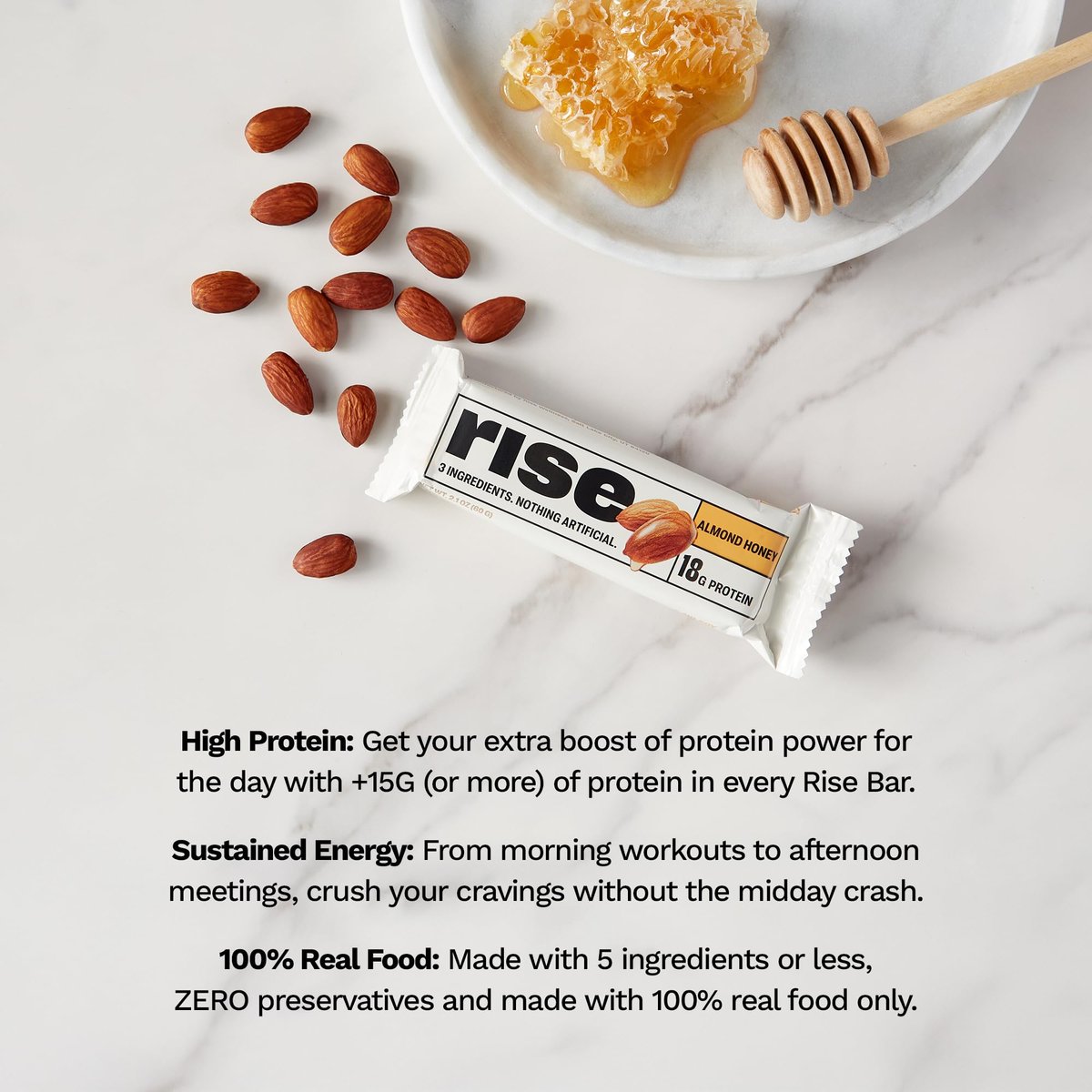Rise Breakfast Whey Protein Riegel Almond Honey – 18 g Protein, 2,01 oz (12er Pack)