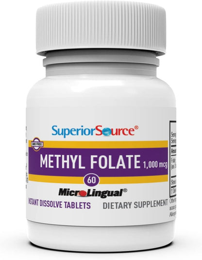 Superior Source Methylfolat 1.000 mcg – Folat-Ergänzung für Frauen und Männer – Methylierte Folat-Tablette unterstützt gesundes Nervensystem & rote Blutkörperchen – 60 sublinguale Schmelztabletten