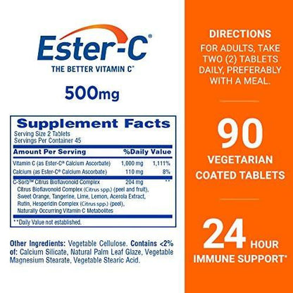 Ester-C 500 mg 24-Stunden Vitamin C Tabletten für Immununterstützung, Vitamin-C-Ergänzung, 90 Stück
