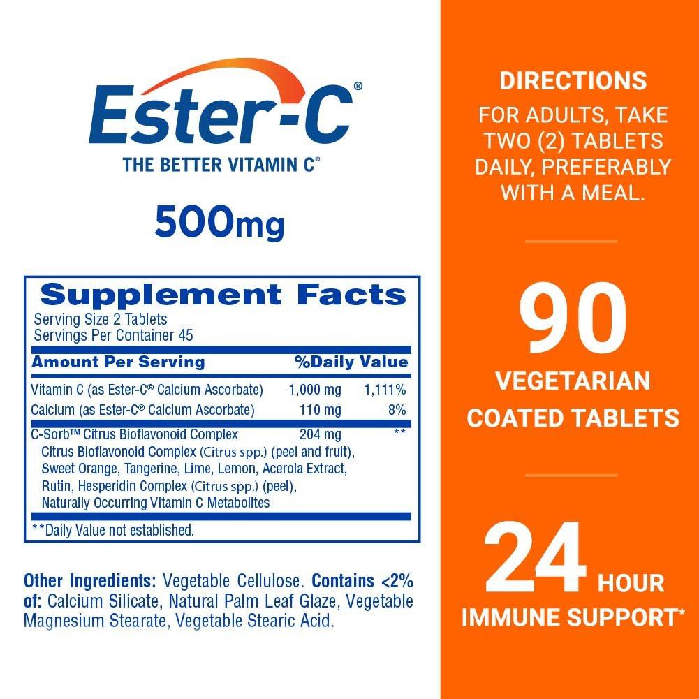 Ester-C 500 mg 24-Stunden Vitamin C Tabletten für Immununterstützung, Vitamin-C-Ergänzung, 90 Stück