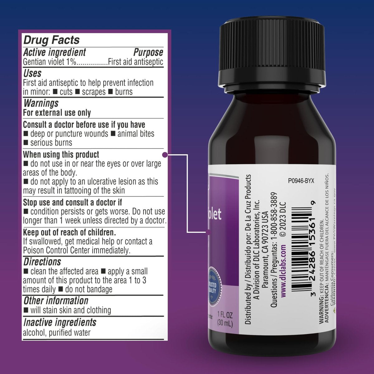 De La Cruz Gentian Violet 1% Erste-Hilfe-Antiseptikum - Violeta de Genciana für Schnitte, Schürfwunden und Verbrennungen, 30 ml