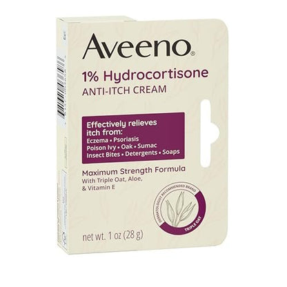 Aveeno Maximum Strength 1% Hydrocortison Anti-Juckreiz-Creme, Triple Oat, Aloe & Vitamin E zur Linderung von Juckreiz bei Ekzemen, Psoriasis, Insektenstichen, Giftefeu, Gifteiche & -sumach und Waschmitteln, 1 oz, 2er-Pack