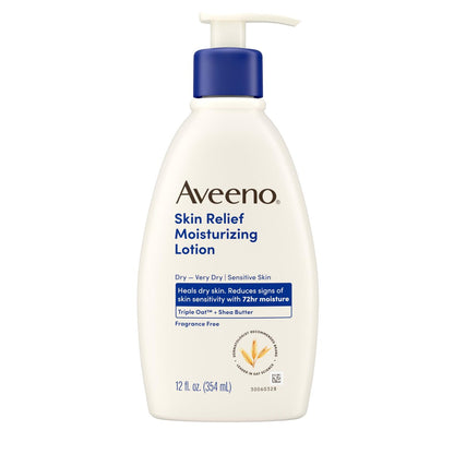 Aveeno Skin Relief Feuchtigkeitslotion – Schnell einziehende Körperlotion mit beruhigendem Triple-Hafer & Sheabutter für sehr trockene, empfindliche Haut, parfümfrei, nicht komedogen, 355 ml